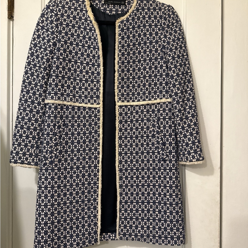 Zara Navy & White Bouclé Trimmed Coat